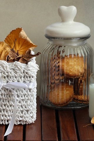 Обои листья, молоко, банка, печенье, корзинка, сухие листья, leaves, milk, bank, cookies, basket, dry leaves разрешение 1920x1284 Загрузить