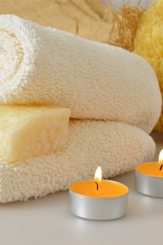 Обои свечи, полотенце, спа, мыло, гель для душа, мочалка, candles, towel, spa, soap, shower gel, washcloth разрешение 5466x3600 Загрузить