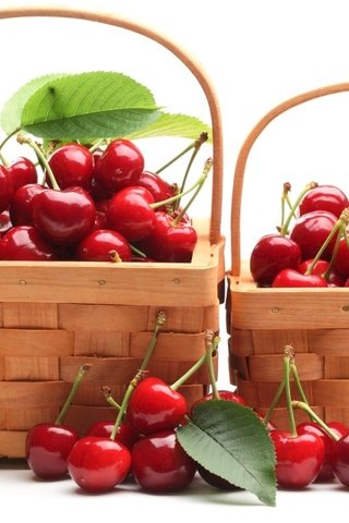 Обои красные, черешня, ягоды, белый фон, вишня, корзинки, red, cherry, berries, white background, baskets разрешение 1920x1200 Загрузить