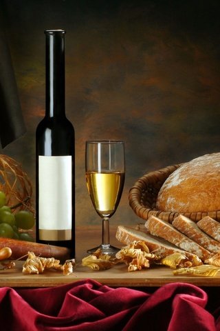 Обои листья, виноград, бокал, хлеб, вино, белое, бутылка, leaves, grapes, glass, bread, wine, white, bottle разрешение 1920x1546 Загрузить