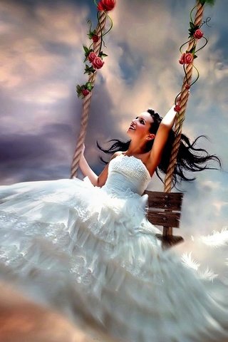 Обои небо, девушка, розы, качели, невеста, деревье, the sky, girl, roses, swing, the bride, f разрешение 2560x1600 Загрузить