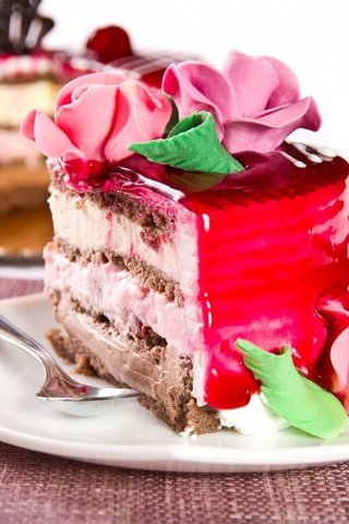 Обои крем для торта, розы, розовый, шоколад, торт, десерт, желе, кусочек, cream cake, roses, pink, chocolate, cake, dessert, jelly, piece разрешение 1920x1306 Загрузить