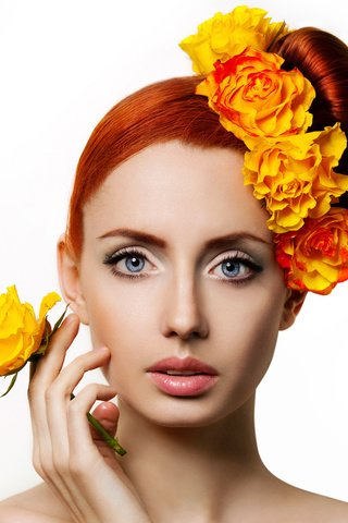 Обои цветы, девушка, модель, лицо, макияж, венок, рыжеволосая, flowers, girl, model, face, makeup, wreath, redhead разрешение 2560x1600 Загрузить