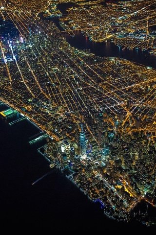 Обои ночь, peiaj, аэрофотосъемка, огни, город, небоскребы, сша, нью-йорк, архитектура, манхэттен, night, lights, the city, skyscrapers, usa, new york, architecture, manhattan разрешение 2048x1365 Загрузить