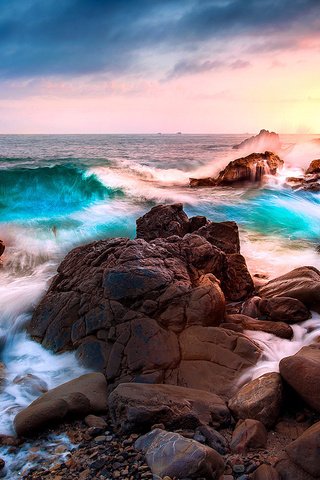 Обои скалы, природа, камни, берег, волны, море, rocks, nature, stones, shore, wave, sea разрешение 2048x1152 Загрузить