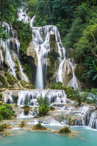 Обои деревья, скалы, природа, лес, водопад, лаос, kuang si waterfall, trees, rocks, nature, forest, waterfall, laos разрешение 1920x1280 Загрузить