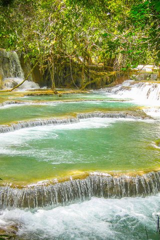 Обои деревья, скалы, природа, лес, водопад, лаос, kuang si waterfall, trees, rocks, nature, forest, waterfall, laos разрешение 2048x1365 Загрузить