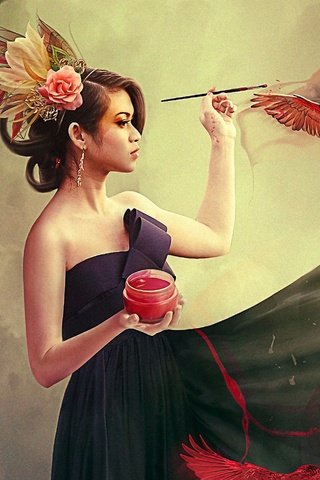 Обои девушка, краска, птицы, кисть, фотоманипуляция, girl, paint, birds, brush, photo manipulation разрешение 3400x1913 Загрузить