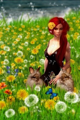 Обои арт, девушка, поле, кролики, art, girl, field, rabbits разрешение 1920x1200 Загрузить