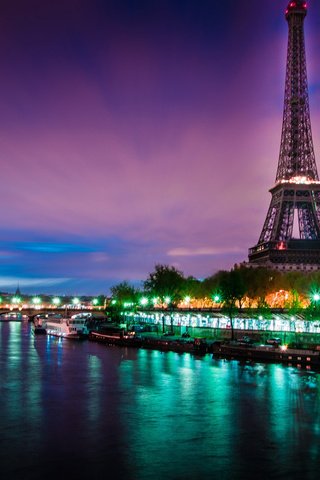 Обои огни, вечер, река, париж, франция, эйфелева башня, lights, the evening, river, paris, france, eiffel tower разрешение 1920x1200 Загрузить