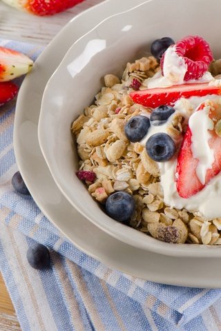 Обои клубника, черника, завтрак, мюсли, здоровые, завтрак каши, strawberry, blueberries, breakfast, muesli, healthy, breakfast cereal разрешение 4500x2981 Загрузить