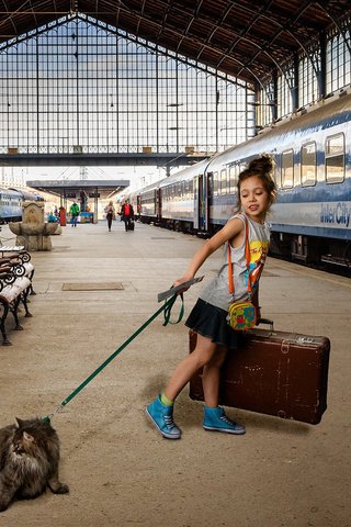 Обои кошка, девочка, поезд, чемодан, вагоны, перрон, cat, girl, train, suitcase, cars, the platform разрешение 1920x1200 Загрузить