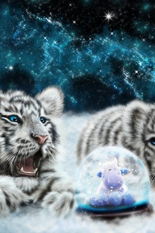 Обои тигр, арт, снег, белые, тигрята, 3д, белый тигр, детеныши, tiger, art, snow, white, the cubs, 3d, white tiger, cubs разрешение 2560x1440 Загрузить