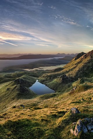 Обои трава, горы, восход, природа, пейзаж, море, остров, шотландия, grass, mountains, sunrise, nature, landscape, sea, island, scotland разрешение 2560x1600 Загрузить