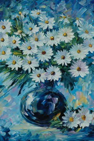 Обои цветы, ромашки, букет, ваза, живопись, leonid afremov, flowers, chamomile, bouquet, vase, painting разрешение 2248x1812 Загрузить