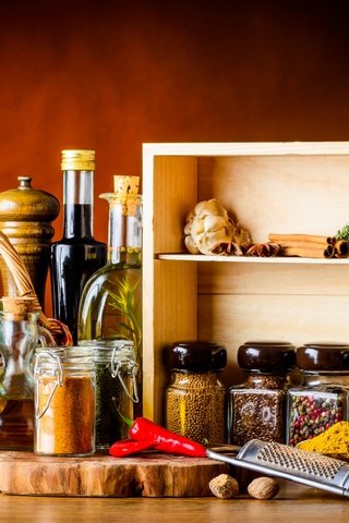 Обои масло, укроп, перец, специи, пряности, баночки, oil, dill, pepper, spices, jars разрешение 2880x1844 Загрузить