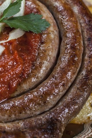 Обои лук, соус, картофель, аппетитно, домашняя колбаса, bow, sauce, potatoes, appetizing, homemade sausage разрешение 2700x1800 Загрузить