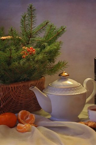 Обои елка, настроение, корзина, чай, печенье, мандарины, tree, mood, basket, tea, cookies, tangerines разрешение 2100x1285 Загрузить