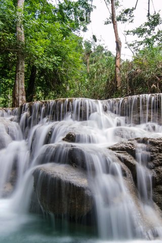 Обои деревья, камни, лес, ручей, водопад, тропики, лаос, kuang si falls, trees, stones, forest, stream, waterfall, tropics, laos разрешение 3000x2000 Загрузить