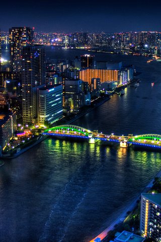 Обои ночь, огни, река, мост, япония, мегаполис, здания, токио, night, lights, river, bridge, japan, megapolis, building, tokyo разрешение 2450x1400 Загрузить