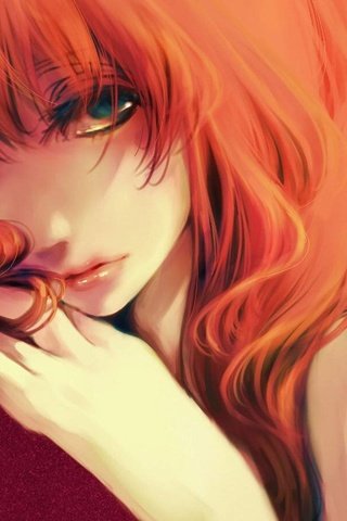 Обои арт, взгляд, апельсин, megurine luka, зеленые глаза, рыжие волосы, art, look, orange, green eyes, red hair разрешение 1920x1080 Загрузить