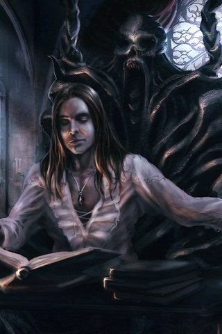 Обои арт, девушка, фэнтези, готика, мужчина, маг, книга, art, girl, fantasy, gothic, male, mag, book разрешение 1920x1200 Загрузить