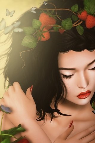 Обои девушка, брюнетка, грусть, клубника, бабочки, girl, brunette, sadness, strawberry, butterfly разрешение 2048x1376 Загрузить