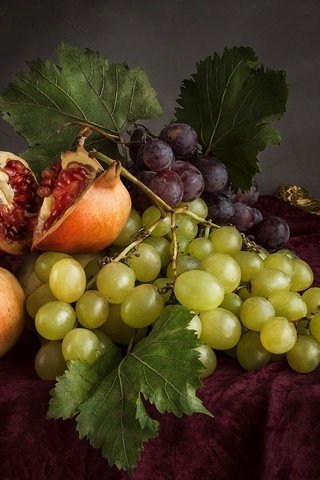 Обои виноград, фрукты, натюрморт, скатерть, гранат, бахрома, grapes, fruit, still life, tablecloth, garnet, fringe разрешение 2600x1660 Загрузить