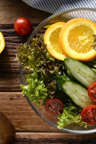 Обои апельсин, овощи, помидор, салат, огурец, orange, vegetables, tomato, salad, cucumber разрешение 2048x1367 Загрузить