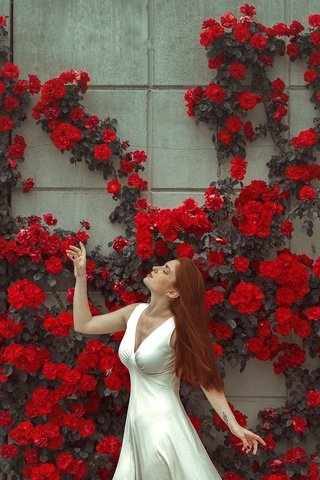 Обои цветы, девушка, платье, поза, стена, лицо, flowers, girl, dress, pose, wall, face разрешение 2048x1365 Загрузить