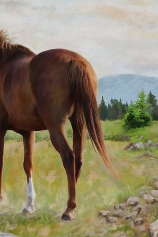 Обои лошадь, природа, картина, пейзаж, графика, конь, живопись, horse, nature, picture, landscape, graphics, painting разрешение 2880x1620 Загрузить