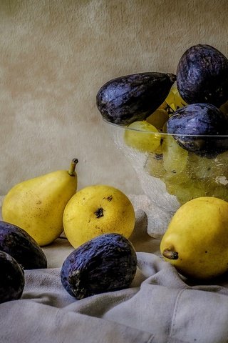 Обои виноград, фрукты, ваза, натюрморт, груши, инжир, grapes, fruit, vase, still life, pear, figs разрешение 2880x1785 Загрузить