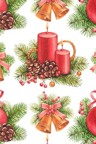 Обои рисунок, свечи, новый год, ель, игрушки, шишка, колокольчик, figure, candles, new year, spruce, toys, bump, bell разрешение 2500x1608 Загрузить