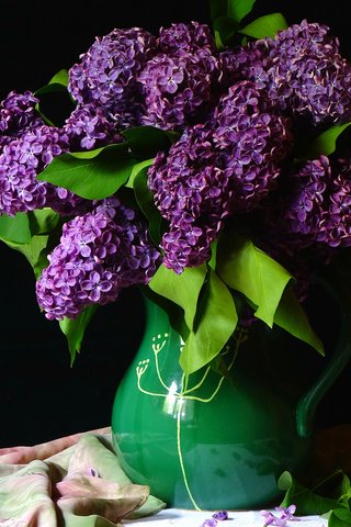 Обои черный фон, букет, ваза, лиловый, сирень, black background, bouquet, vase, purple, lilac разрешение 1920x1340 Загрузить