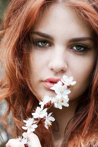 Обои девушка, взгляд, весна, волосы, зеленые глаза, веточки, girl, look, spring, hair, green eyes, twigs разрешение 6981x4990 Загрузить