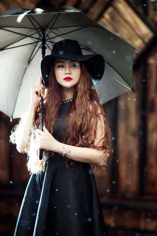 Обои девушка, зонт, шляпа, азиатка, girl, umbrella, hat, asian разрешение 2048x1270 Загрузить
