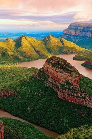 Обои река, горы, скалы, каньон, юар, blyde river canyon nature reserve, river, mountains, rocks, canyon, south africa разрешение 1920x1200 Загрузить