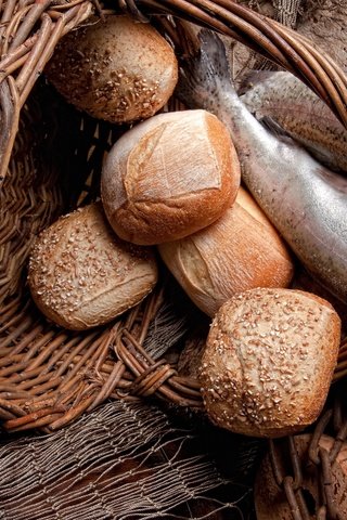 Обои хлеб, корзина, рыба, выпечка, булочки, bread, basket, fish, cakes, buns разрешение 5054x3370 Загрузить