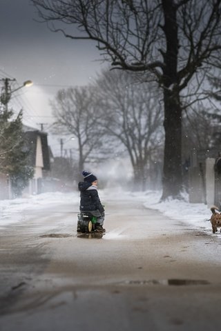 Обои дорога, снег, зима, собака, дети, мальчик, road, snow, winter, dog, children, boy разрешение 2048x1365 Загрузить