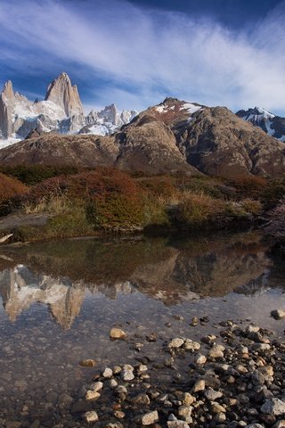 Обои вода, горы, скалы, камни, отражение, утро, патагония, water, mountains, rocks, stones, reflection, morning, patagonia разрешение 2000x1372 Загрузить