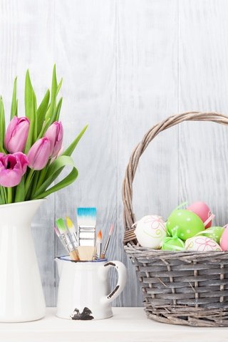 Обои зеленые пасхальные, цветы, довольная, тюльпаны, яйца крашеные, пасха, розовые тюльпаны, тульпаны,  цветы, глазунья, декорация, весенние, пинк, flowers, happy, tulips, the painted eggs, easter, pink tulips, eggs, decoration, spring, pink разрешение 5240x3696 Загрузить