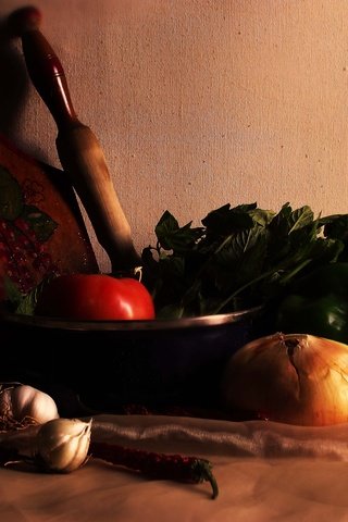 Обои зелень, лук, овощи, помидор, перец, чеснок, greens, bow, vegetables, tomato, pepper, garlic разрешение 5400x3600 Загрузить
