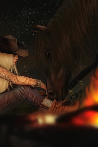 Обои лошадь, вечер, девушка, джинсы, тату, костёр, шляпа, horse, the evening, girl, jeans, tattoo, the fire, hat разрешение 2048x1370 Загрузить