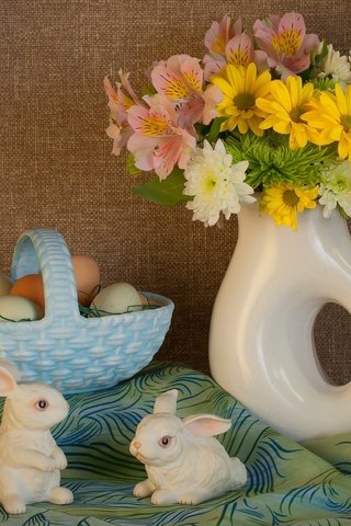 Обои цветы, букет, пасха, яйца, корзинка, зайчики, flowers, bouquet, easter, eggs, basket, bunnies разрешение 2000x1390 Загрузить