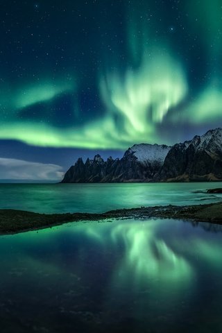 Обои ночь, озеро, горы, северное сияние, норвегия, senjahopen, troms fylke, night, lake, mountains, northern lights, norway разрешение 2048x1355 Загрузить