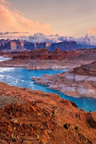 Обои облака, река, горы, камни, каньон, clouds, river, mountains, stones, canyon разрешение 3000x2000 Загрузить