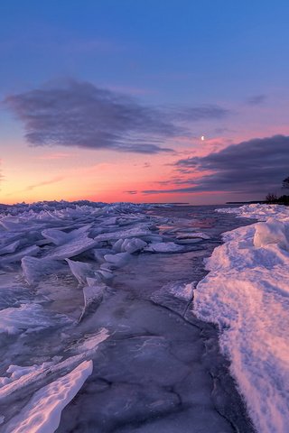 Обои деревья, река, снег, закат, пейзаж, лёд, trees, river, snow, sunset, landscape, ice разрешение 1920x1200 Загрузить