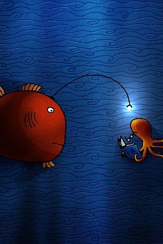 Обои вода, осьминог, лампочка, рыбка, книга, подводный мир, water, octopus, light bulb, fish, book, underwater world разрешение 2560x1600 Загрузить