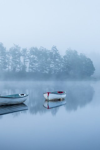 Обои деревья, озеро, утро, туман, лодки, тишина, trees, lake, morning, fog, boats, silence разрешение 2048x1280 Загрузить