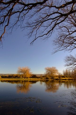 Обои небо, деревья, река, отражение, ветки, осень, the sky, trees, river, reflection, branches, autumn разрешение 2048x1339 Загрузить